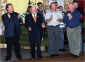 Brother Walfrid Statue Fund Raiser. In picture is then Celtic chairman Brian Quinn, Bobby Lennox and Stevie Chalmers. In Sligo.